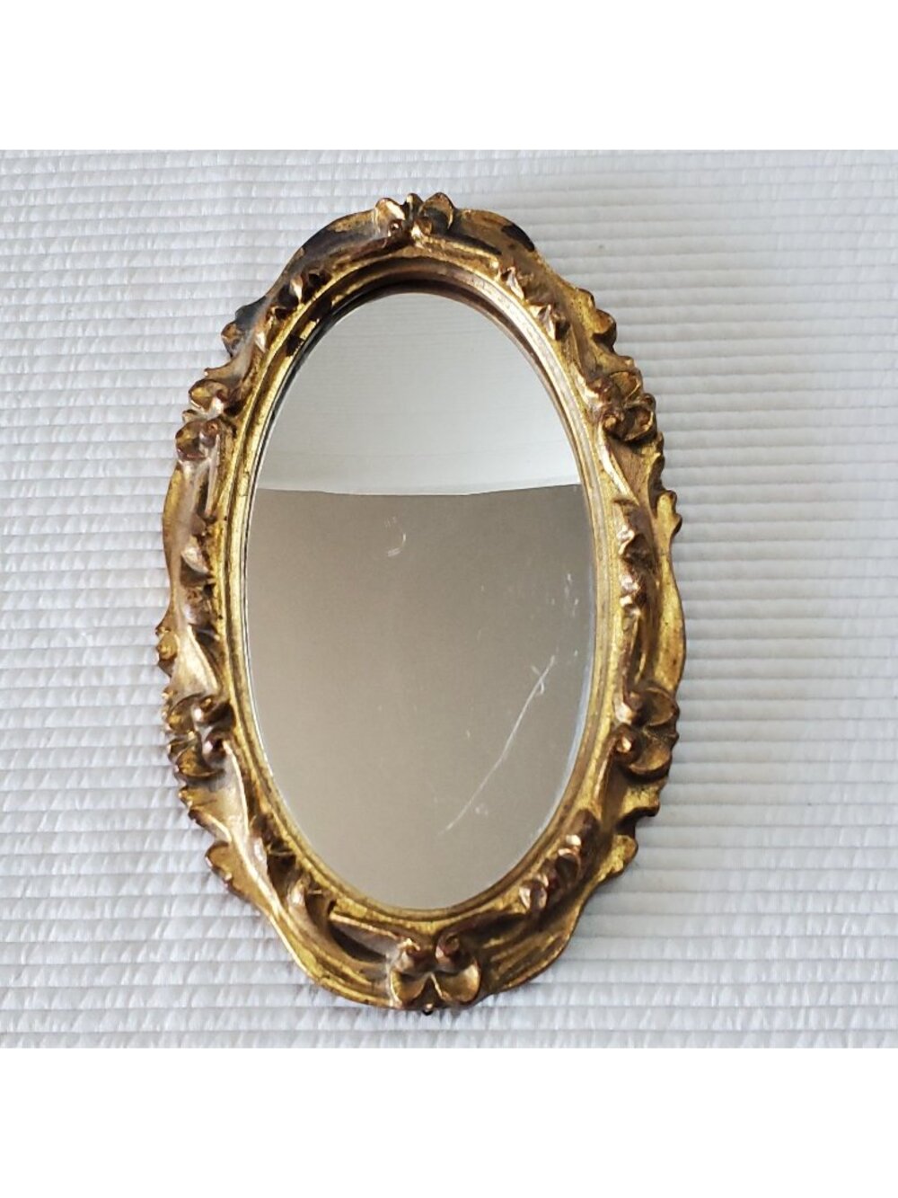 Vintage Mirror 9.5"x6" Oval Gold Roses Painted Resin Ornate Victorian Baroque